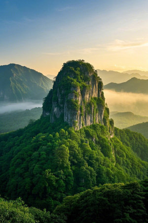 The beautiful scenery of isolated peaks in green mountains and green valleysの素材