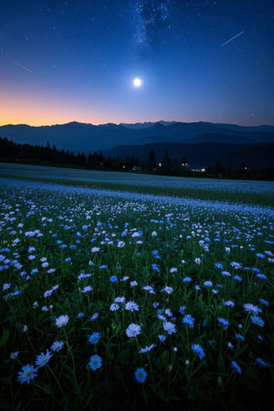View of the mountain flower sea under the moonlit nightの素材