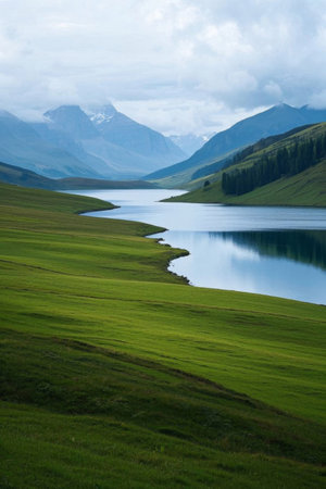 Natural scenery of mountain lakes and grasslandsの素材