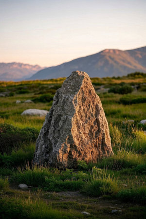 Outdoor grass rocks and distant mountain sceneryの素材