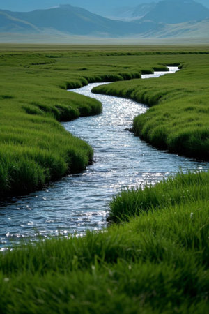 Grassland winding river natural sceneryの素材