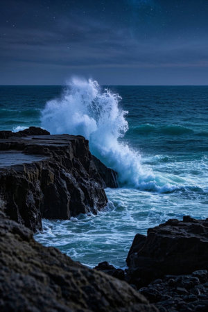 The scene of waves crashing on the reef at nightの素材