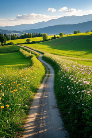 Natural scenery of winding paths between the countrysideの素材