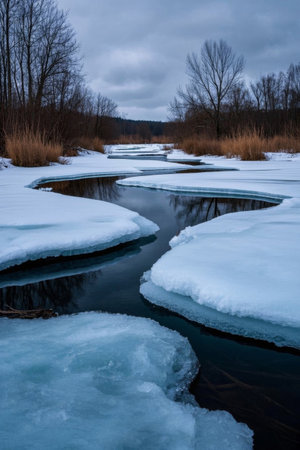 Winter rivers covered with ice and snow natural landscapeの素材