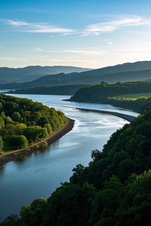 Panoramic view of the natural scenery of the river valleyの素材