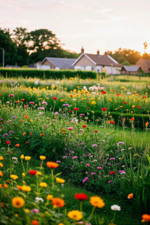 Colorful flower landscape in rural fieldsの素材