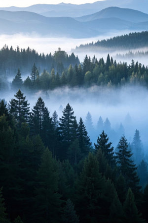 Forest landscape with morning mist in the mountainsの素材