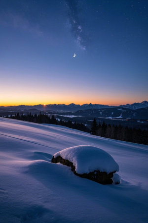 Starry sky and sunrise in the mountains behind the snowの素材