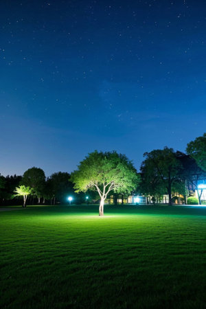 Grassy trees and starry sky landscape at nightの素材