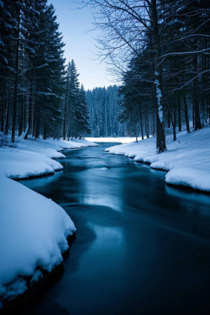 Stream landscape in a snow-covered forest in winterの素材