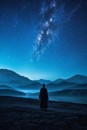 People gazing at the night view of the starry sky in the mountainsの素材