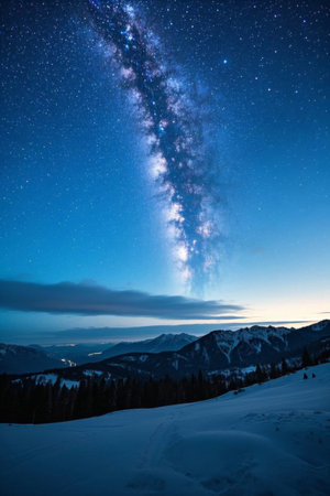 Brilliant galaxy under the snow-capped mountain night skyの素材