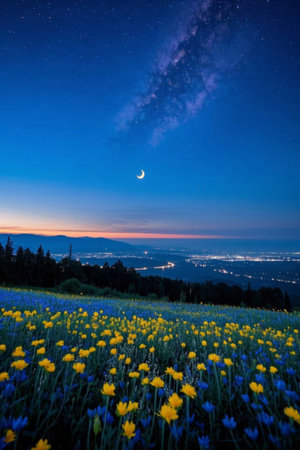 Sea of flowers and city views under the night skyの素材