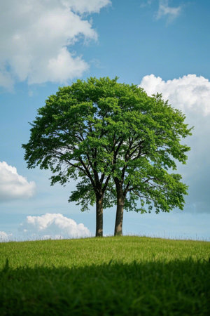 Two trees on the grass and blue sky and white cloudsの素材