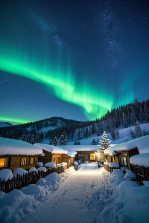Aurora view over the cabin on a snowy nightの素材