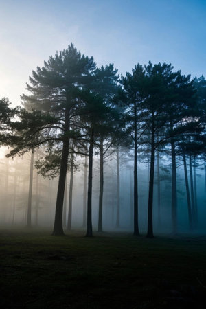 Forest pine landscape in morning mistの素材