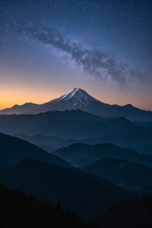 Mount Fuji and the mountain landscape under the starsの素材