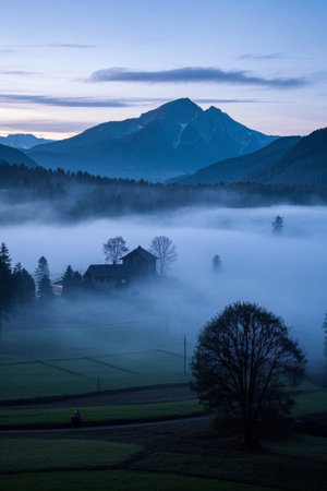 Pastoral scenery in the morning mist of the mountainsの素材