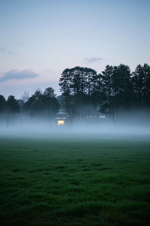 Buildings beside meadows and woods in the morning mistの素材