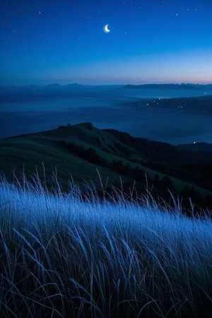 Landscape of hillsides and meadows under a moonlit nightの素材