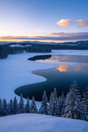 Panoramic view of forest lake with snow in winterの素材