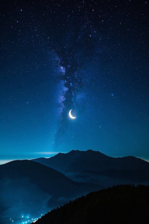 Mountains and Milky Way Crescent under the night skyの素材