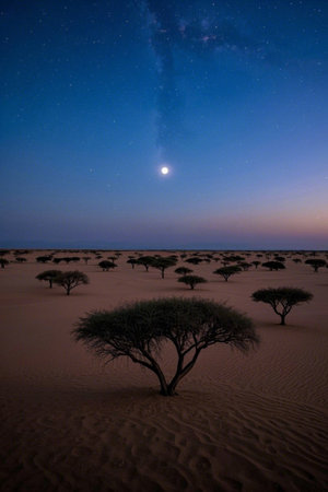 Sparse tree landscape under a desert moonlit nightの素材