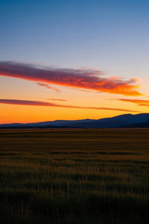 Grassland sunset sky viewの素材