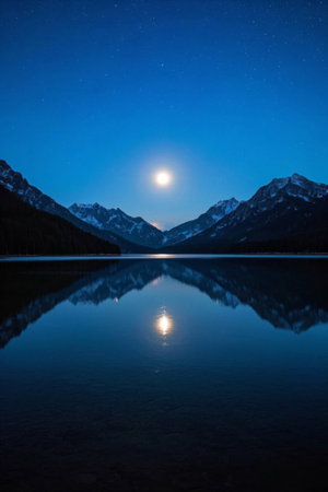 Landscape of mountains, rivers and lakes under moonlit nightの素材