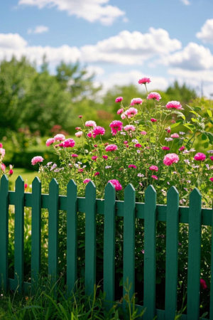 Colorful flowers in bloom next to the green fenceの素材