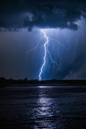 Natural scene of lightning storm on the lakeの素材