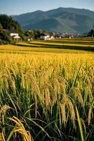 Panoramic view of the natural scenery of rural rice fieldsの素材
