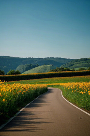 Winding roads and sea of yellow flowers in the fieldsの素材