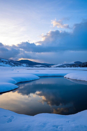 Waters on the snow and distant mountain landscapeの素材