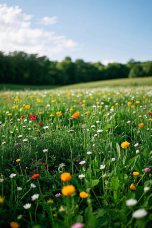 A meadow landscape with colorful wildflowers in bloomの素材