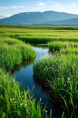 Grassland wetlands and distant mountain natural sceneryの素材