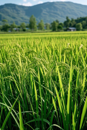 Green rice fields and distant mountain natural landscapesの素材