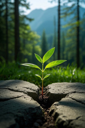Young green plants breaking through the soilの素材
