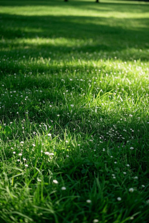 Grass and small white flowers in the sunの素材