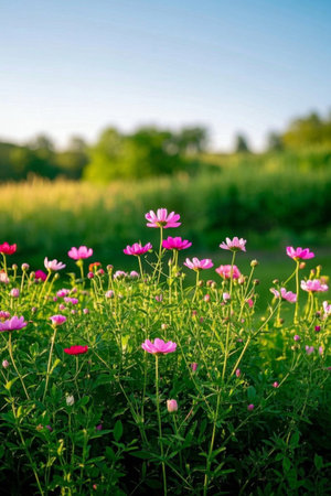 Outdoor pink flower and green landscapeの素材