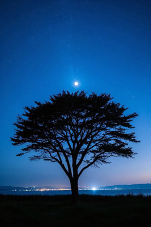 Lonely trees and distant city lights under the moonlit nightの素材