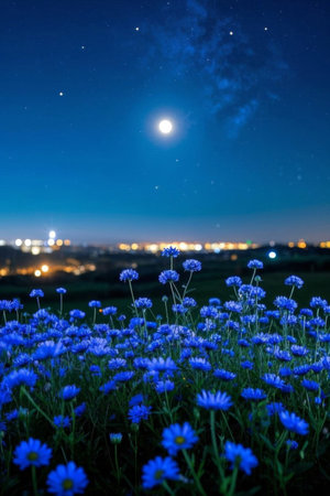 Blue sea of flowers on moonlit nightの素材