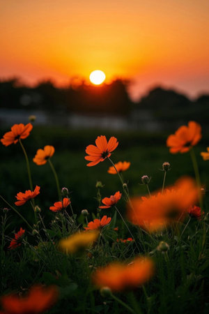 Orange flowers blooming at sunsetの素材