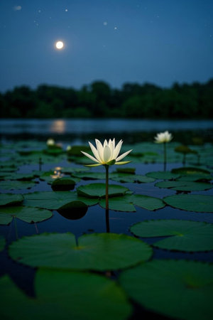 White water lilies blooming on the lake under the moonlit nightの素材
