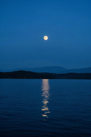 Calm lake and distant mountains under moonlit nightの素材