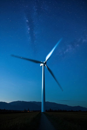 Wind turbines under the night sky and distant mountainsの素材