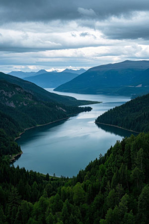 Panoramic view of mountain, forest and lakeの素材