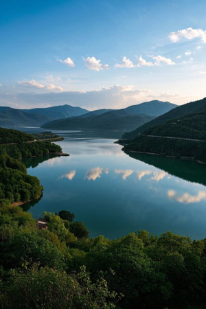Natural lake landscape with mountains and riversの素材