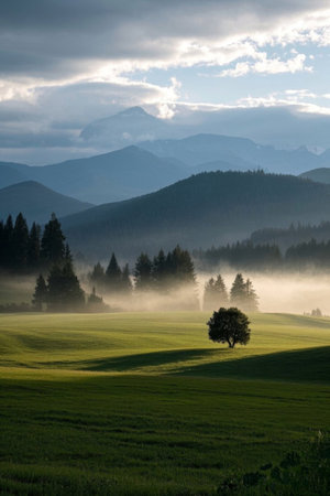 Mountain meadow trees natural sceneryの素材