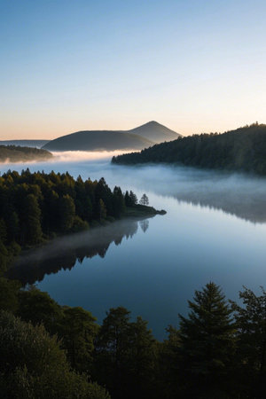 Lake landscape shrouded in morning mist in the mountainsの素材